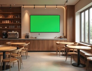 Modern coffee shop interior features digital signage with green screen, wooden tables, chairs, and coffee machines. Soft lighting creates a cozy, inviting atmosphere for ordering drinks.