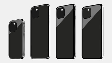 Four Modern Smartphones in Different Sizes Black and Sleek.