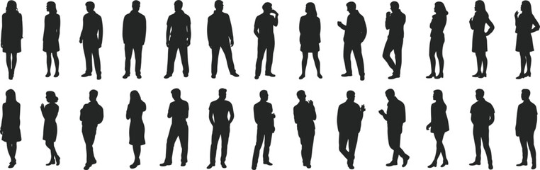 Title:
Group of business people silhouettes standing and walking, diverse men and women in professional attire, isolated on white background