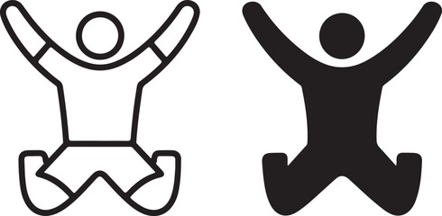 Vector icon: Joyful person, arms raised, kneeling, celebrating success; black and white victory symbol, sign of achievement.