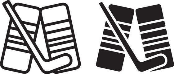 Hockey Stick and Shin Guards: Vector Icon Set, Sport Equipment Symbol, Black and White Design