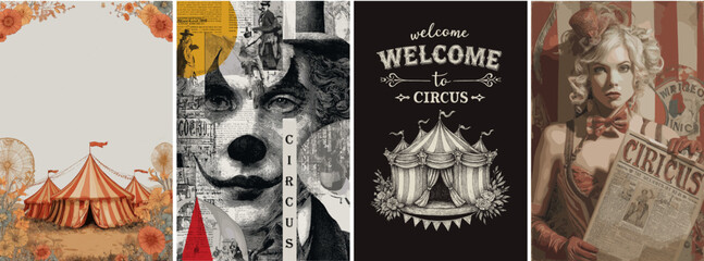 Vintage circus poster collection with retro tents, clowns, and performers in artistic collage and hand-drawn style. Perfect for event promotions, nostalgic décor, and creative designs.

