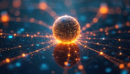 Futuristic globe of interconnected nodes represents AI driven blockchain supply chain. Visualizes real-time tracking, carbon emission monitoring, ethical sourcing, fair trade compliance in global