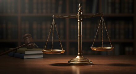 The scales of justice and a judge's gavel on a desk, symbolizing law, order, and legal judgment in a library.