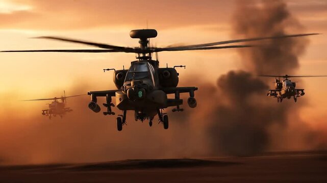 Apache Helicopters Unleash Fiery Barrage Amidst Explosive Combat and Dramatic Sunset Skies