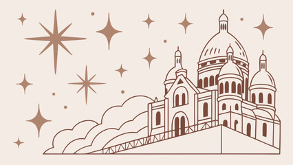 SacrCur Basilica outline with stars and clouds illustration.