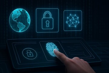 Biometric Security Dashboard with Holographic Interface in Futuristic Tech Setting