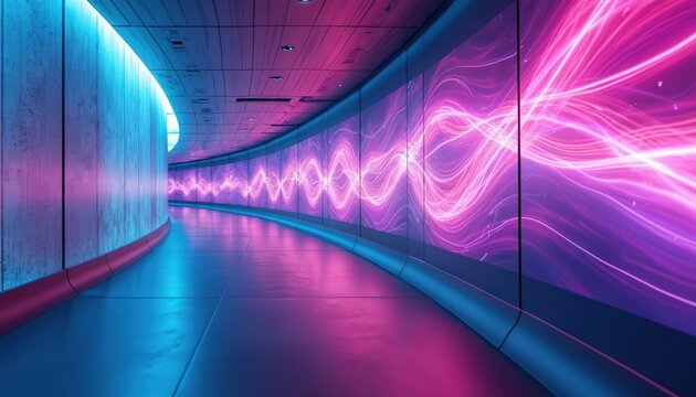 Futuristic digital tunnel with vibrant purple, blue neon lighting. Abstract motion blur dynamic speed, sleek urban design. High-tech technology, innovation illuminate modern, glowing pathway.