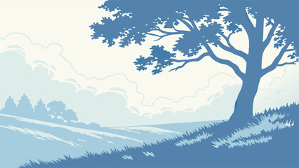 Fototapeta premium Silhouetted Landscape with Majestic Tree and Rolling Hills.