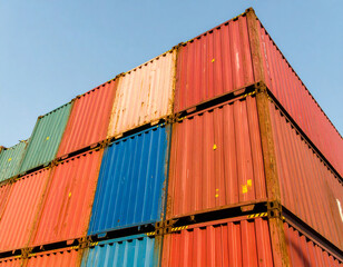 Fototapeta premium Stacked Shipping Containers: Colorful Cargo Boxes Against Blue Sky