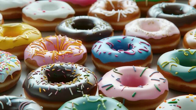 Vibrant assortment of donuts with various glazes and toppings