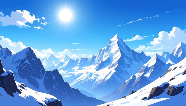 Snowy mountain range landscape, bright sky