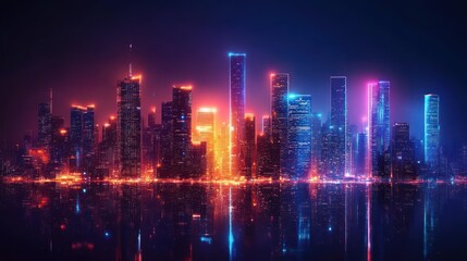 Obraz premium Neon cityscape skyline at night with reflections