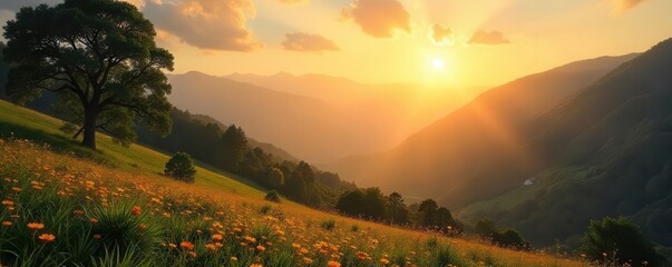 Obraz premium Serene vista bathed in golden light; tranquil scene , beautiful, calm