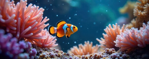 Obraz premium Small clownfish darts playfully among branching coral , reef, playful