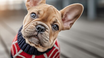 Obraz premium Halloween Theme Cute Pet Adorable Adorable French Bulldog puppy wearing a cozy sweater, looking curiously at the camera.