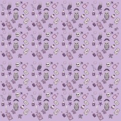 cute seamless pattern in halloween style with skulls, skeletons, spiders, tarot cards, roses, herbs, witchy craft on a light purple background, 5000x5000 pxl, digital art, wallpaper inspo