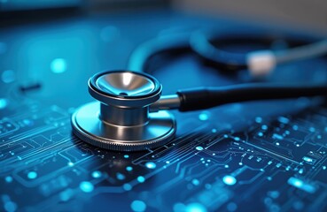 Stethoscope rests on blue digital circuit board telemedicine. Image highlights engineering, health care innovation, future of remote medical diagnosis, virtual connectivity. Represents modern