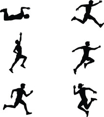 Silhouette athletes jumping, running, leaping, active sport poses, high jump silhouettes