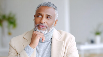 Stylish mature African American man in beige coat looking away with thoughtful expression indoors