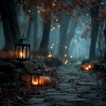 Spotlight illuminates a mystical Halloween stage in the forest.Fog,pumpkins,candles and ghostly textures.Faded colours,lit flames are fashioned for magical midnight gathering occasion and performance