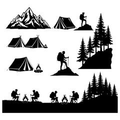 Black silhouette illustrations of mountain peaks tents hikers and campfires hiking