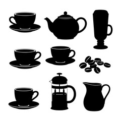 Black silhouettes of coffee cups teapot french press coffee beans and creamer saucer