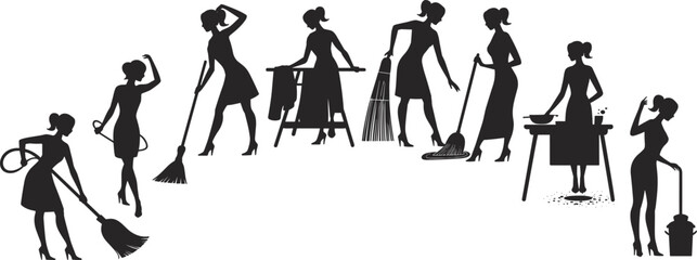 Housewife silhouette set, women doing household chores, cleaning, cooking, mopping, sweeping, laundry, domestic work vector, black on white