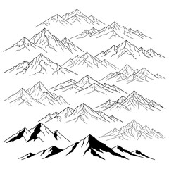 Collection of black and white mountain range line art illustrations mountains peak