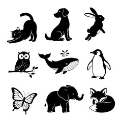 Collection of black animal silhouettes on a white background rabbit whale