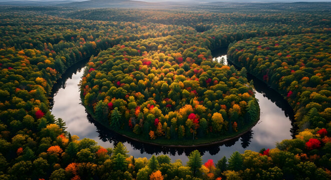 Aerial drone view of a winding river forming a horseshoe bend in a vibrant, colorful autumn forest landscape.