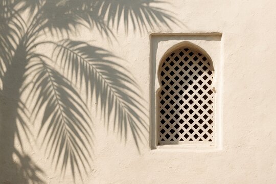 Palm leaf shadows on beige stucco and a lattice window, warm golden light, Mediterranean architectural vibe.