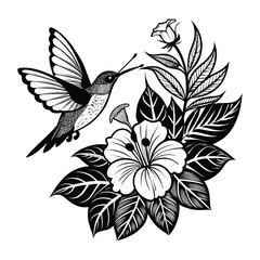 Vector drawing of a vintage black and white floral design with a blossom and ornate leaves
