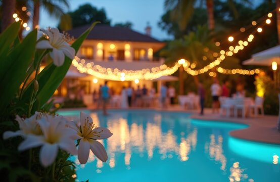 Vibrant pool villa party at dusk with DJ, rich plants, twinkling string lights creates festive atmosphere. People gather poolside enjoying music, drinks, celebration. Luxury resort scene, summer