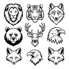 Collection of nine black and white animal head illustrations on white background