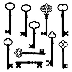 Collection of ornate antique black skeleton keys on white background vintage