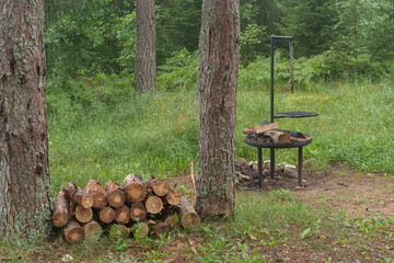 Public picnic area with barbecue on the shore of a forest lake © talavietis