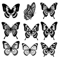 Nine black and white detailed butterfly silhouettes on a white background insect