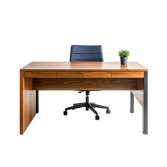 Fototapeta premium Modern wooden desk with executive chair and small plant in minimalist office setup