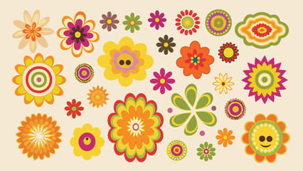 Fototapeta premium Collection of colorful retro flowers with various shapes and sizes on a light background design element