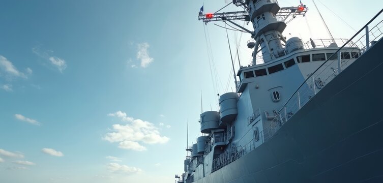 Naval warship bridge, control tower against clear blue sky with light clouds. Large gray military vessel shows advanced maritime technology. Powerful warship ready for naval operations at sea, global