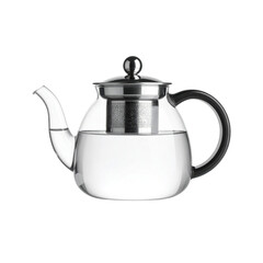Fototapeta premium Glass teapot with stainless steel filter displayed on a neutral background for kitchen use