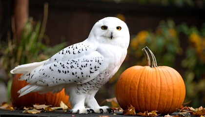 Snowy owl with pumpkins
