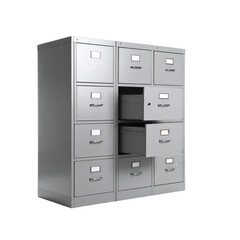 Metal filing cabinet with drawers organized in a modern office setting, designed for efficient storage and organization