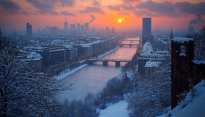 Fototapeta premium Winter sunrise over a European city, showcasing a river and bridges.