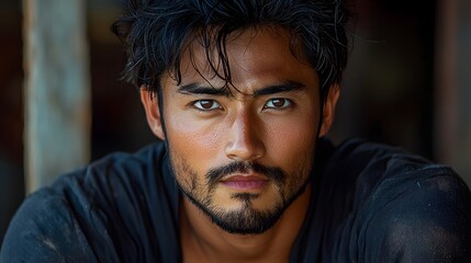 Fototapeta premium Captivating portrait of a handsome young Asian man with an intense brooding gaze