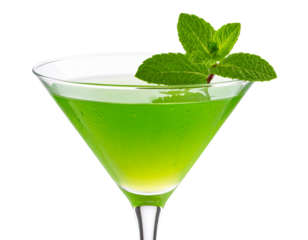  Grasshopper Cocktail Glass with Mint Sprig Garnish, Front View, Isolated Transparent Background PNG
