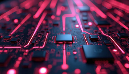 Abstract digital circuit board with glowing neon red lines, processors. Futuristic technology, data storage, network connectivity concept. Secure system architecture with vibrant electronic details.