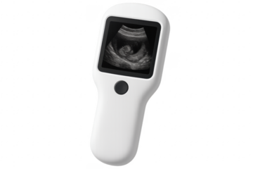 Portable ultrasound device showing fetus on transparent background