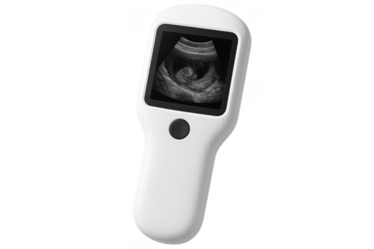 Portable ultrasound device showing fetus on transparent background